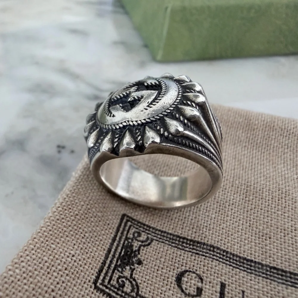 GUCCI AG925 Interlocking G GG Logo Ster Silver Signet Ring Size IT 13/ US 6.75